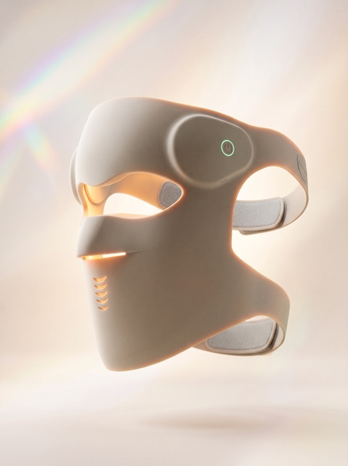 Máscara LED Selene beige de silicona flexible, flotando con la luz encendida